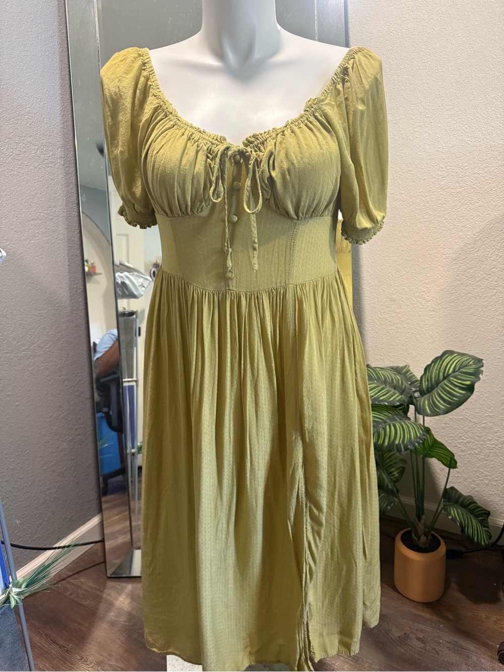 Lulu's Olive-Green Smocked Midi Dress with Puff Sleeves